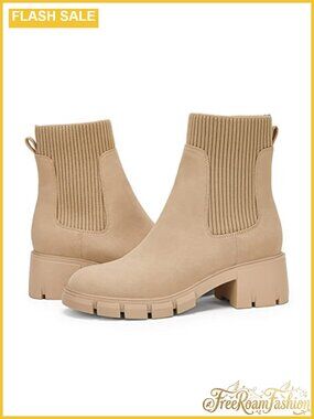 Platform Ankle Boots Elastic Chunky Block Heel Chelsea Booties Lug Sole
